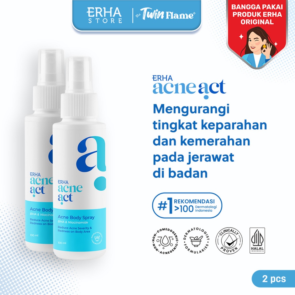 ERHA Twin Flame ERHA AcneAct BHA & Niacinamide Acne Body Spray 100 ml - Bundle Perawatan Jerawat Tub