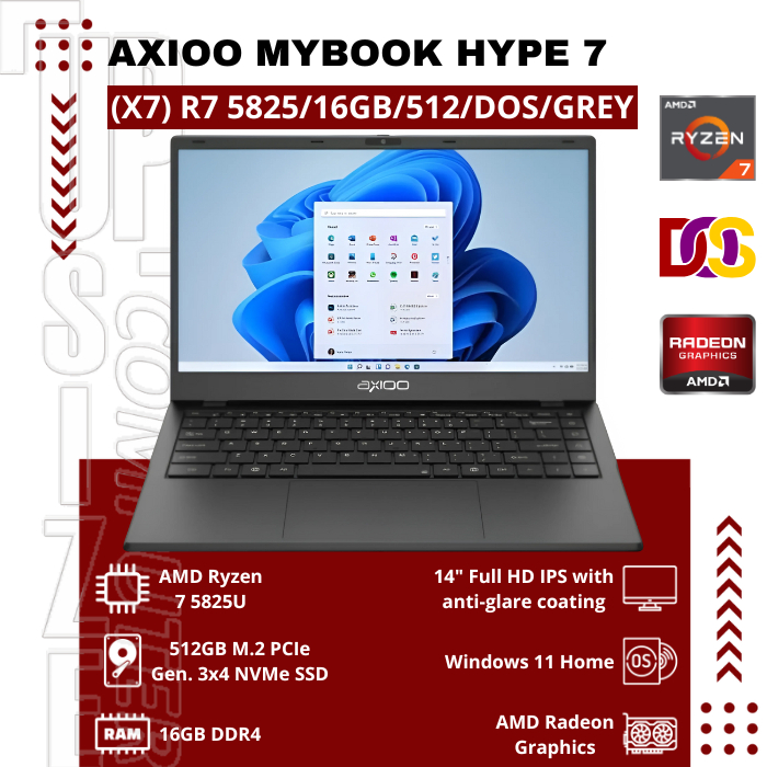 Axioo Mybook Hype 7 (X7) R7 5825/16GB/512/DOS/GREY AMD Ryzen 7 5825U
