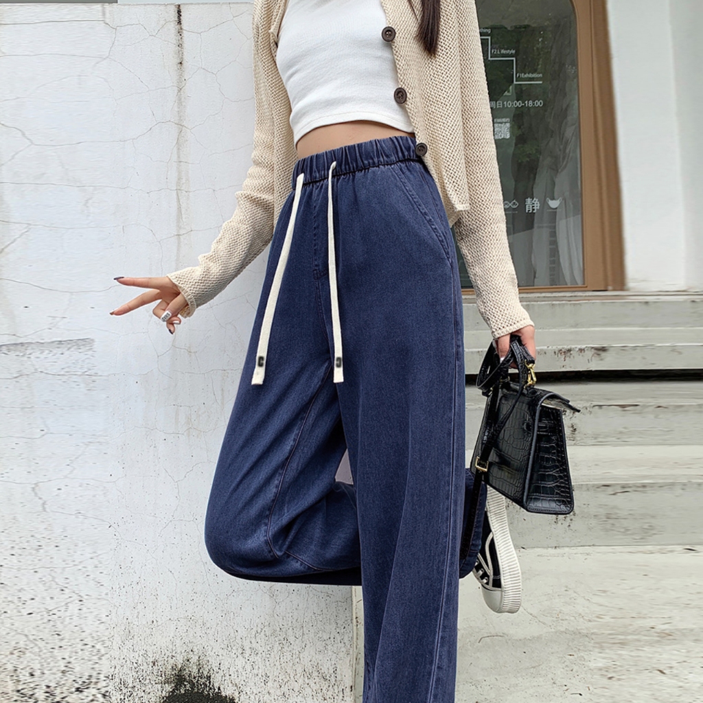 Seluar Jeans Elastic Waistband Plus Size Fashion Korean Style Wide Leg Straight Cut Wanita Celana Je