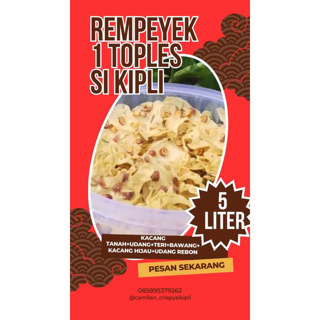 

Rempeyek 1 Toples Si Kipli [ Kemasan Jumbo Toples 5 liter ]