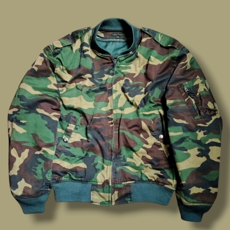 Camo Woodland Bomber Canvas Jacket - Jaket Pilot Loreng Army Military Flight Pria Unisex Second