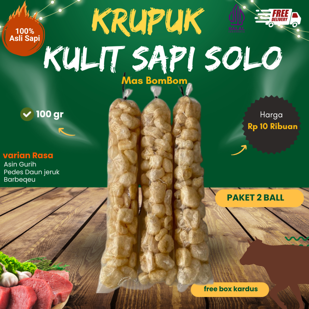 

Paket 2 ball Krupuk Rambak Kulit Sapi dorokdok termurah Cap Mas Bombom 100 gr