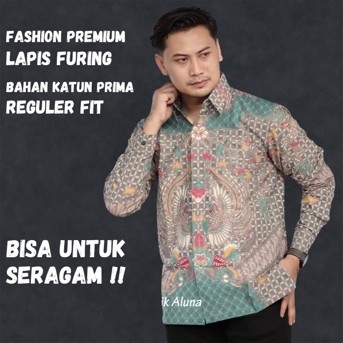 Kemeja Baju Batik Pria Lengan Panjang Warna Hijau Tosca Full Puring  Free masker Reguler Fit Seragam