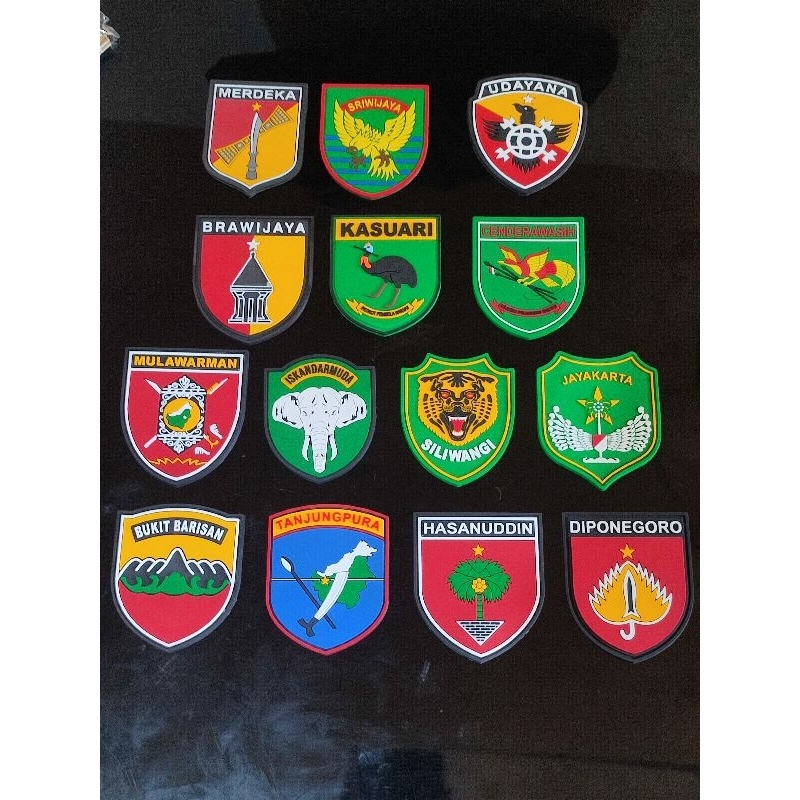 emblem karet patch rubber KODAM PALAKA WIRA UDAYANA/KASUARI/CENDRAWASIH/ISKANDAR MUDA TUANKU IMAM BO