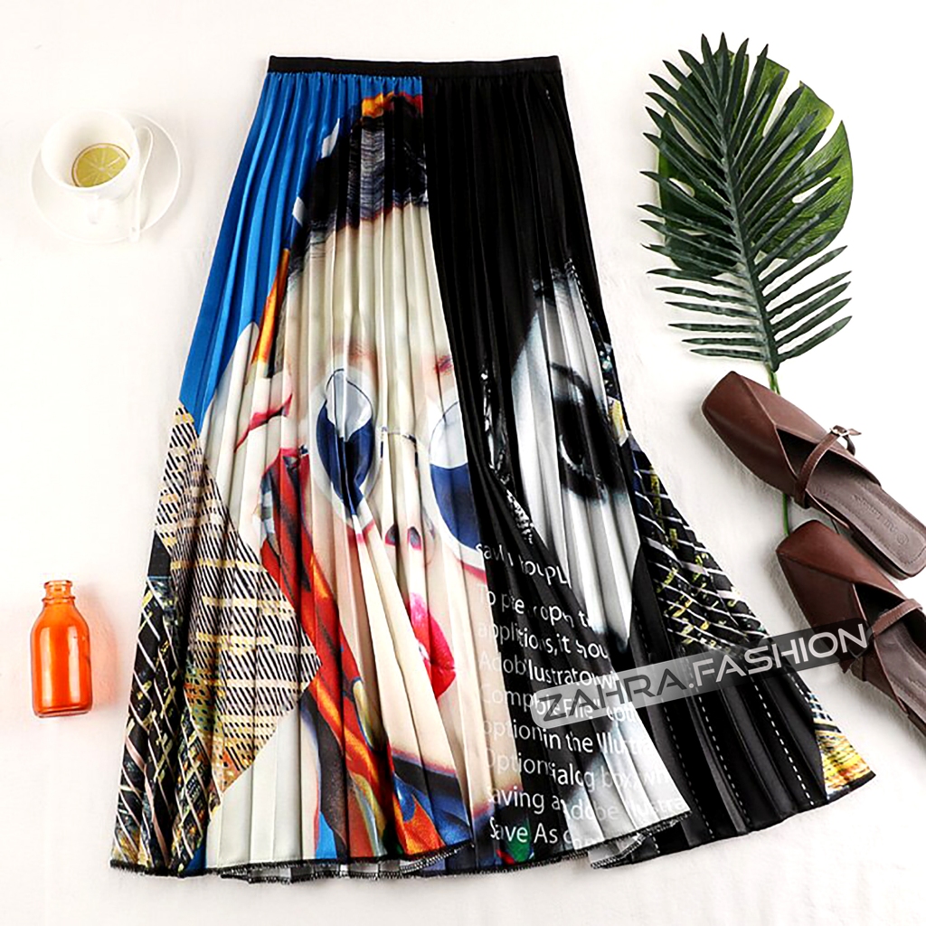 Rok Plisket Motif kekinian Bahan Satin Premium Import murah 7/8 style korea terbaru high Quality
