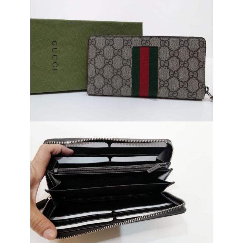 BNIB GUCCI Zip supreme long wallet beige ebony stripe red green