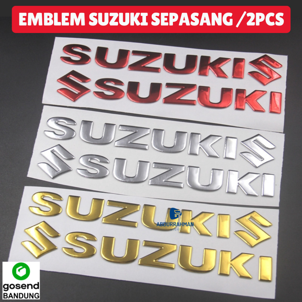 Emblem Stiker Sticker Motor Tulisan Logo Suzuki 3D Timbul Sepasang Warna Silver Chrome Emas Merah