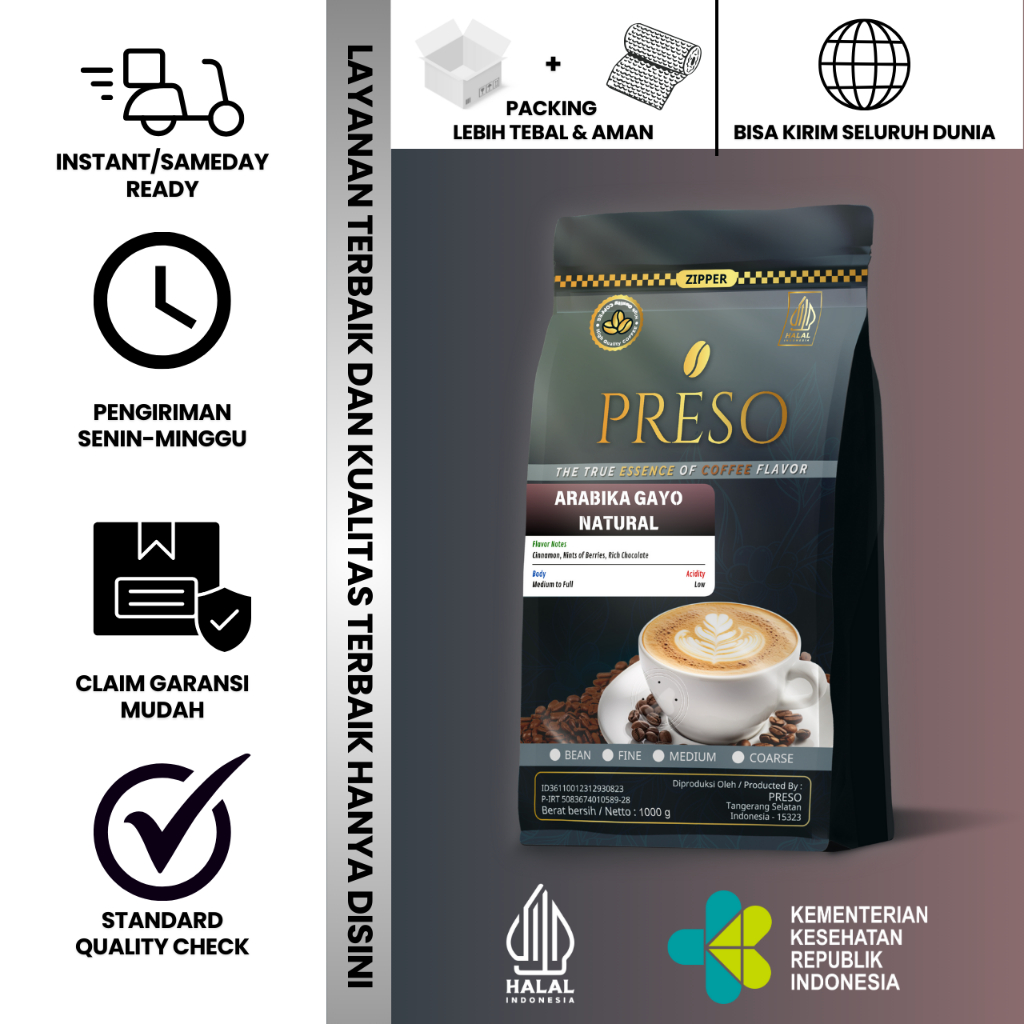 

PRESO Biji Kopi Bubuk Arabika Gayo Natural Sumatra Coffee Roast Beans Espresso Bean Coffe 1000 gram