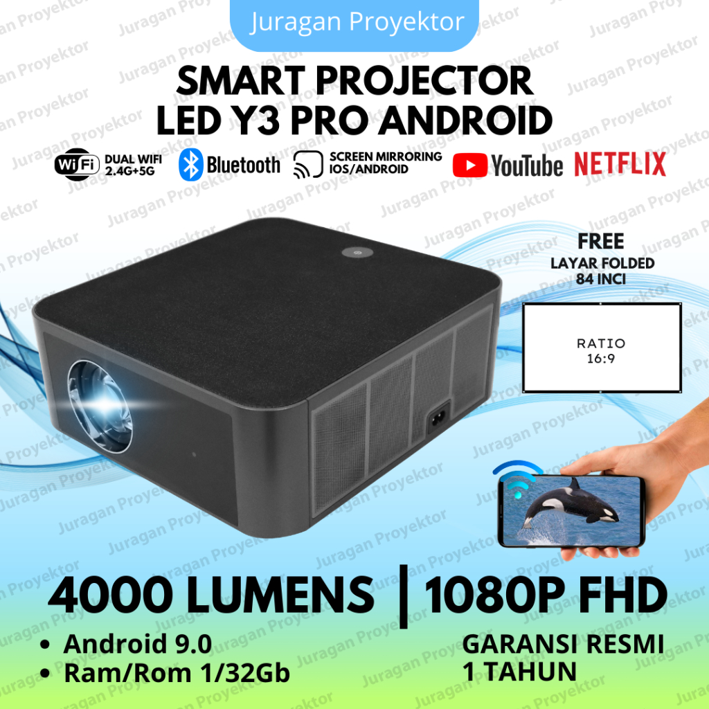 Smart LED Proyektor Y3 Pro Android 9.0 Wifi 4000 Lumens | Proyektor Android Wifi | Proyektor Android