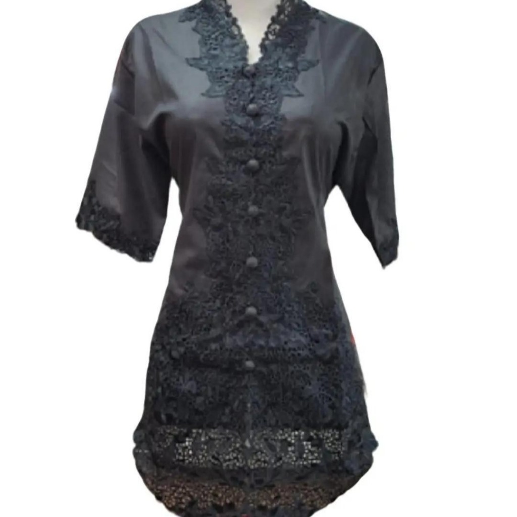 Atasan Kebaya Encim Bordir Polos Lengan Pendek Bahan Katun Premium Warna Hitam