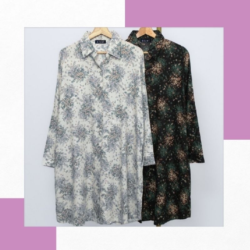 Dahlia Tunik Ezzet Rayon Premium Motif Bunga Atasan Tunik Muslimah Syari Simpel Long Tunik Motif Bun