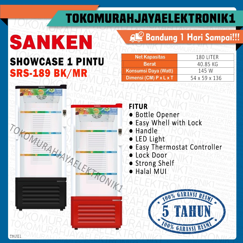Showcase Sanken 3 Rak 180 Liter SRS 189 BK/MR Display Cooler Low Watt Garansi Resmi