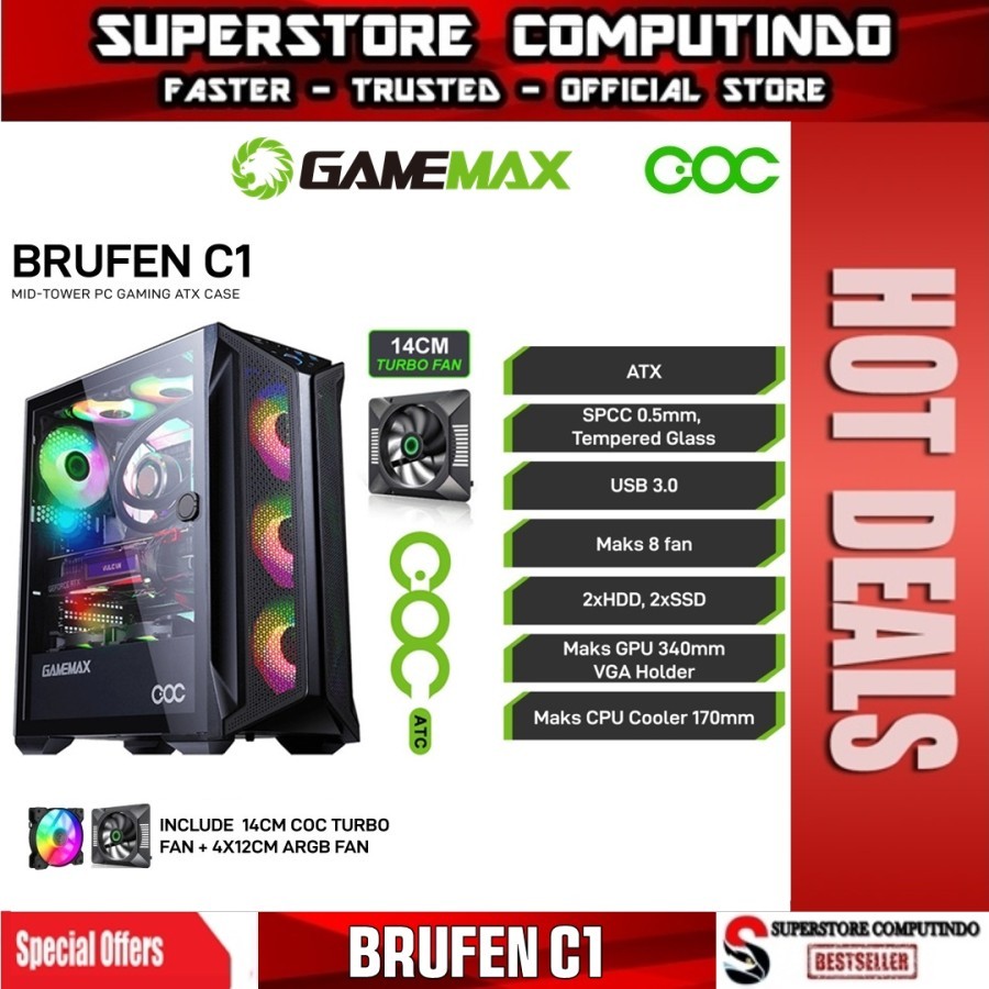 Casing GameMax Brufen C1 Cooling and Overcloking ATX Gaming PC Case with PWM