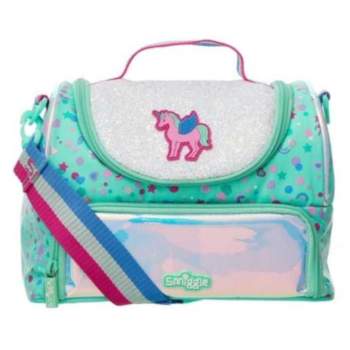 Smiggle Believe unicorn trolley backpack / double tier lunchbox with strap
