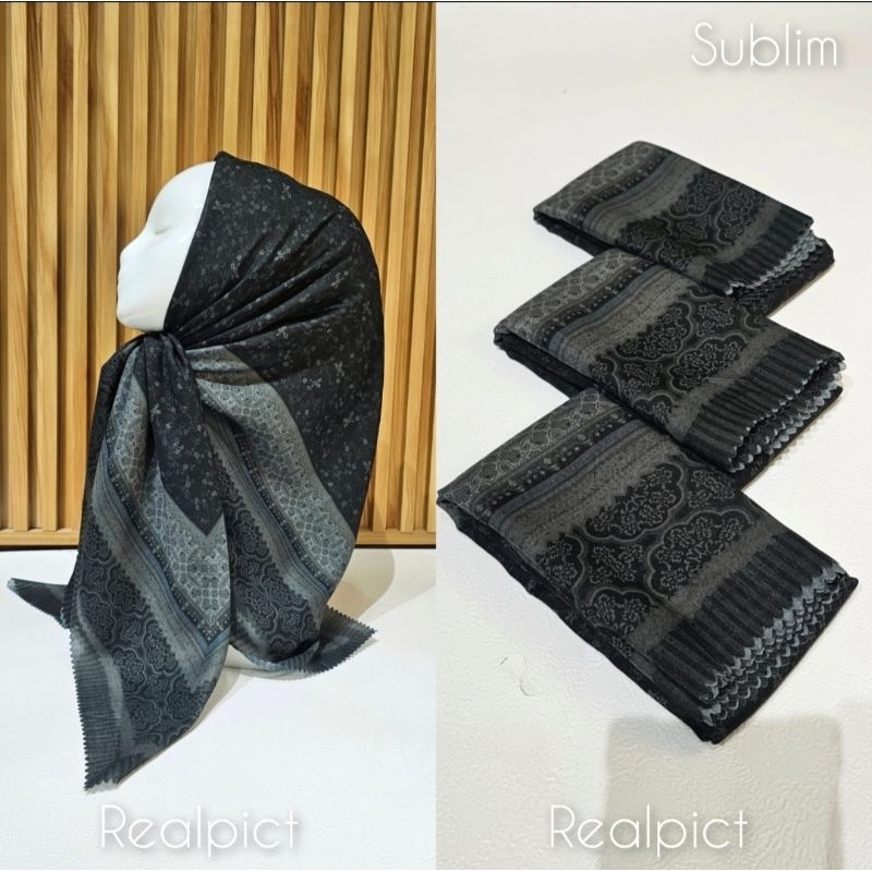 HIJAB SEGI EMPAT VOAL MOTIF BUNGA KECIL HITAM ABU