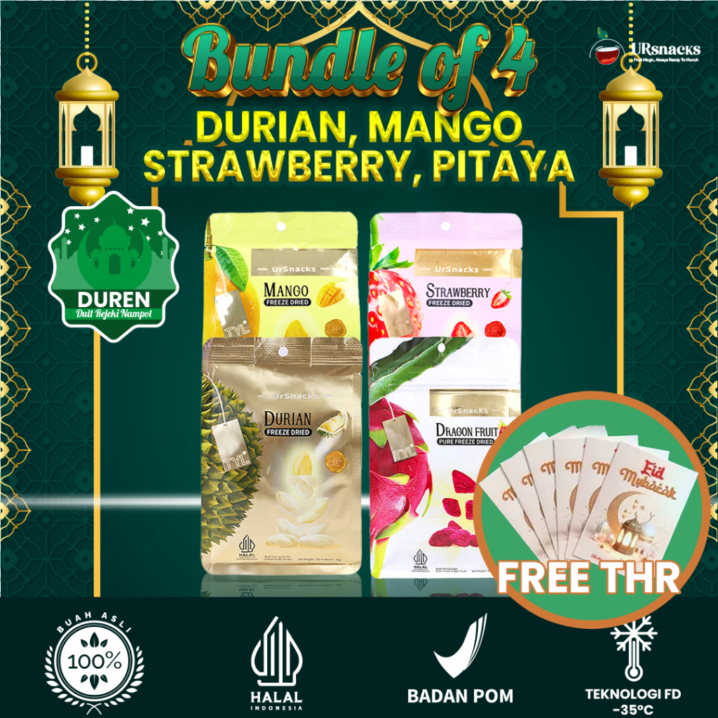 

URSNACKS Bundle Of 4 - Freeze Dried Keripik Buah Mangga + Durian + Strawberry + Buah Naga