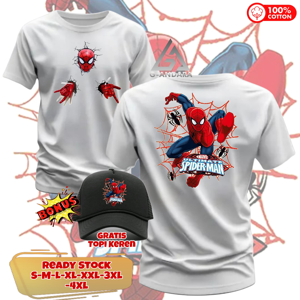 KAOS MARVEL SPIDERMAN DESAIN DEPAN BELAKANG READY LENGAN PENDEK DAN LENGAN PANJANG BONUS TOPI