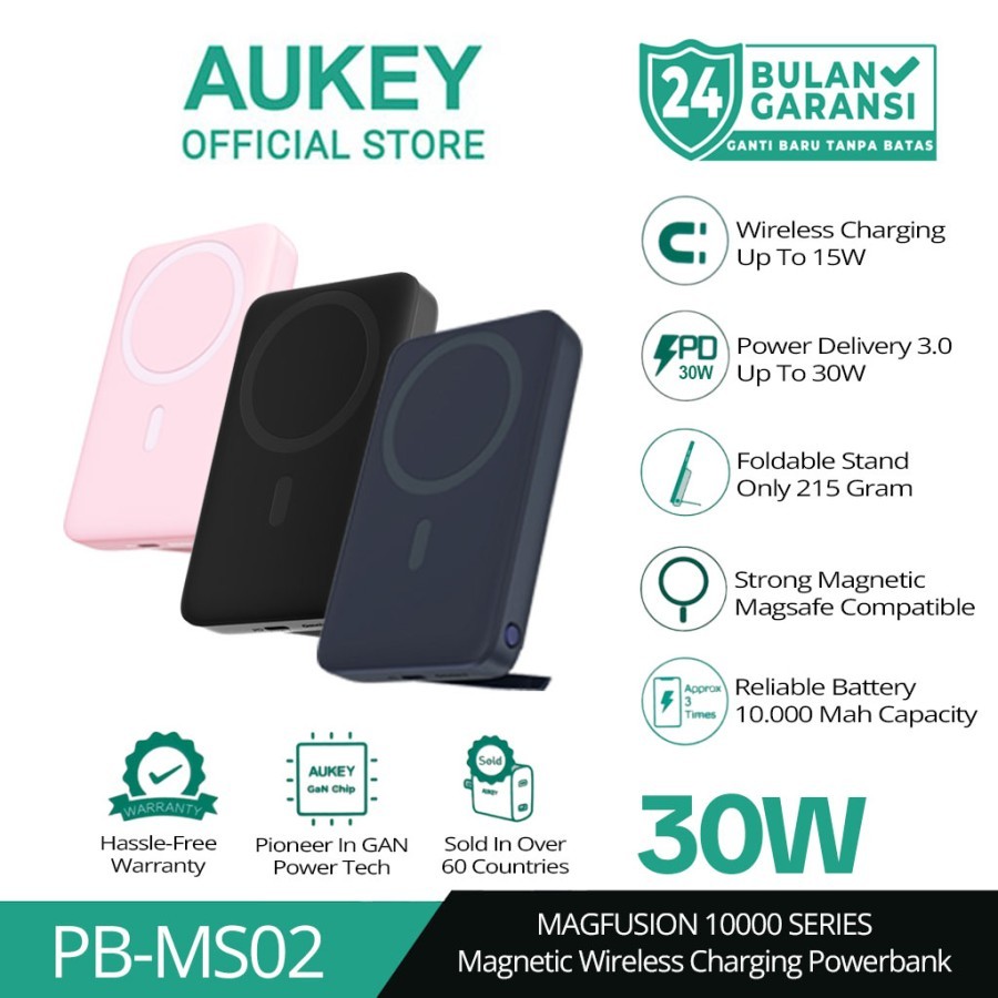 AUKEY Wireless Powerbank Magsafe 10000mah PB-MS02 BU USB-C 30W PD Power Bank Wireless