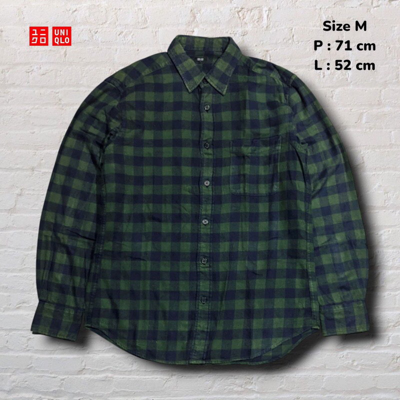 Size M Kemeja Panjang Flanel Uniqlo Kotak Hijau Biru Original Second Preloved #K68