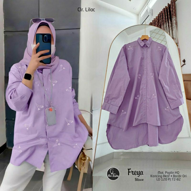 Lilac Freya Kemeja Katun Oversize LD 120 Bordir Asli Blouse JUMBO / Riaeighty