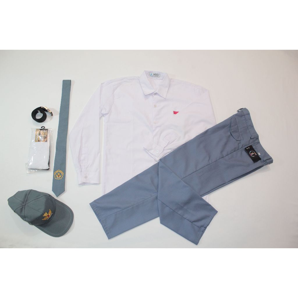 SETELAN SERAGAM SEKOLAH SMA ABU PUTIH ANAK LAKI-LAKI PANJANG KELAS 1-3 TOPI ABU POLOS