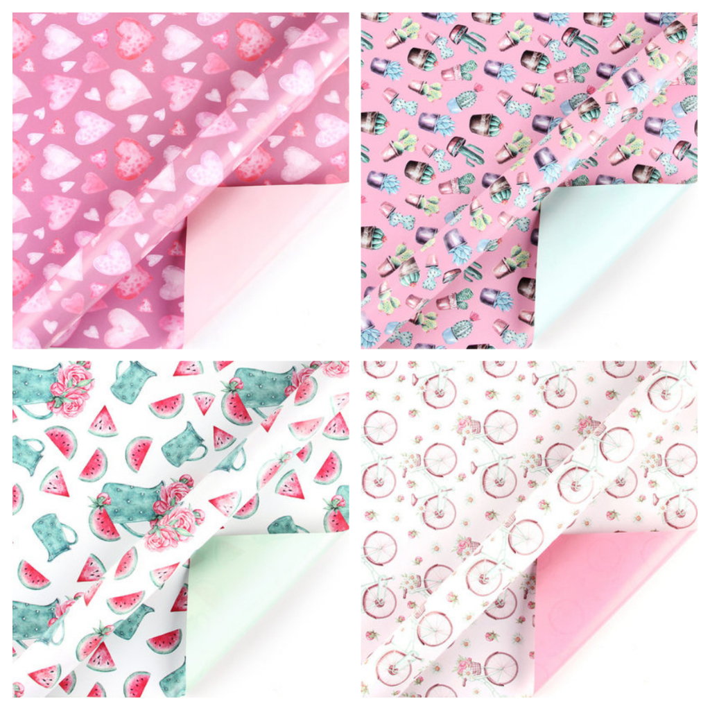 

Kertas Kado 2 sisi ulang tahun anak pink biru gift wrapping paper motif heart bicycle cactus watermelon hati