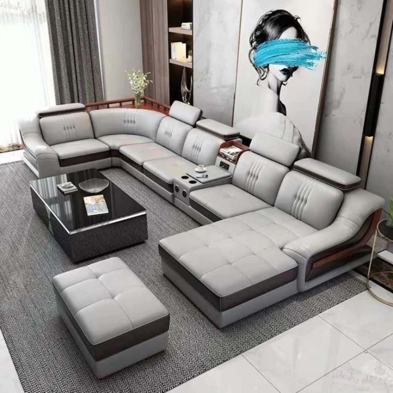 sofa kulit L Shape premium untuk ruang tamu mewah