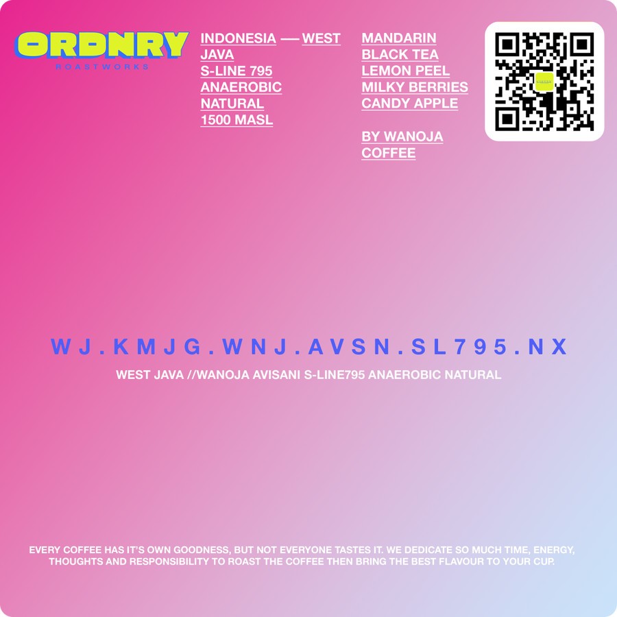 

Wanoja Avisani S-Line795 • Anaerobic Natural • Biji Kopi Arabika • Jawa Barat • Filter 200 Gram