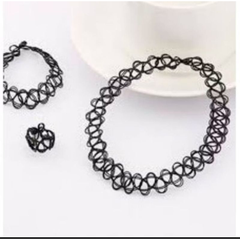 Asesoris fashion kalung tato choker hitam set isi 3pcs gelang kalung cincin murah tattoo choker set