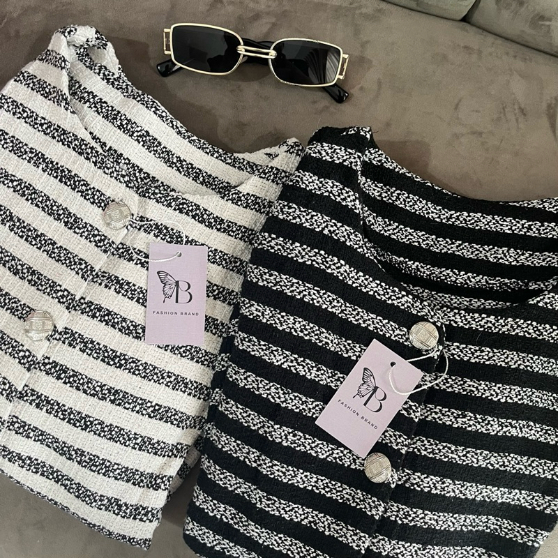 Celine tweed cardigan casual blazer cardigan garis | by.onbrand