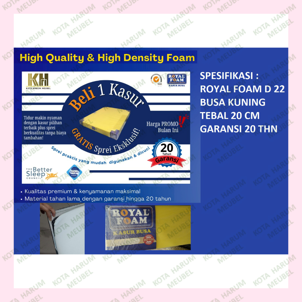 kasur busa anti kempes royal foam d 22 d22 tebal tinggi 20 cm 20cm yellow busa kuning garansi 20 tah