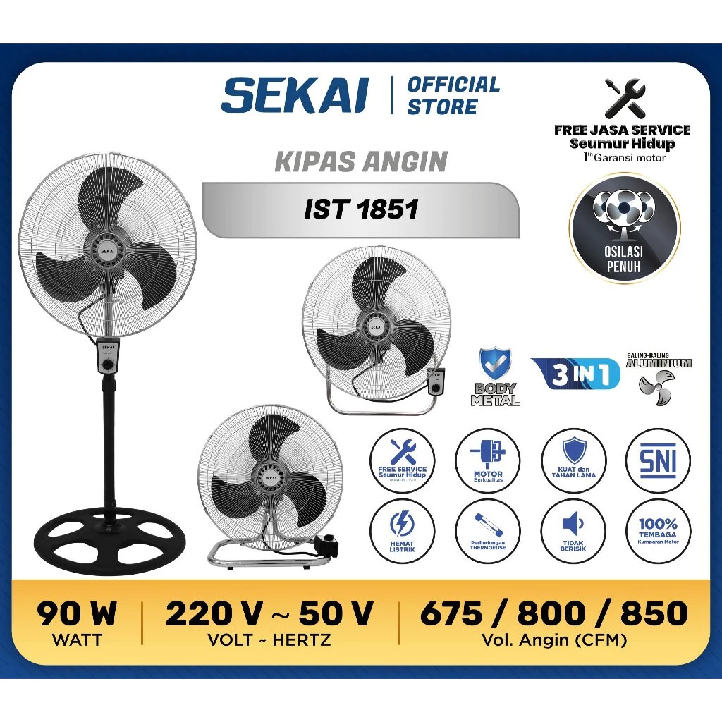 Kipas Angin Tornado Besi Sekai IST-1851 Stand Fan 18" Sekai IST 1851 3 in 1
