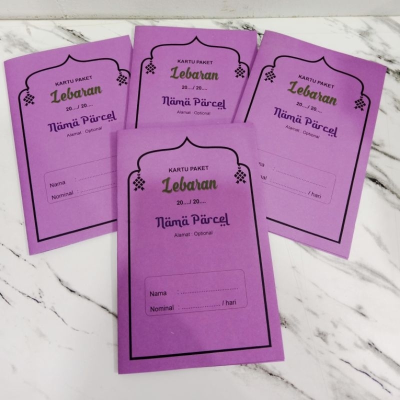 

isi 10 Kartu Paket Lebaran warna ungu model lipat untuk harian mingguan bulanan custom reques