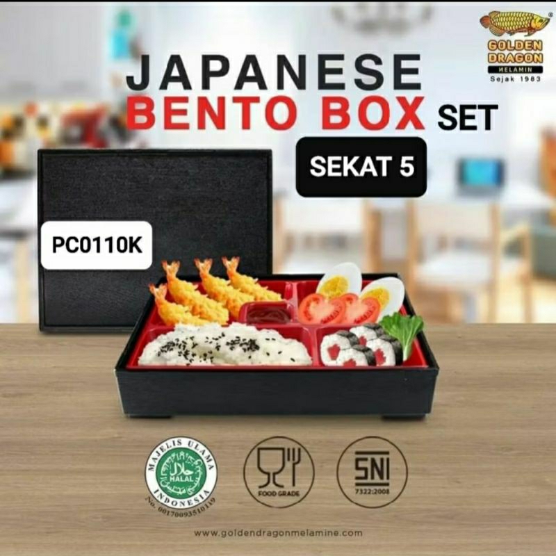 Bento Set Kompit Alas Tatak + Isi + Tutup Melamin Premium Golden Dragon 10" Piring Makan Bento Sekat