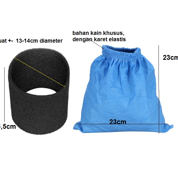 Spesial Kantong Vacuum Cleaner Basah Kering Bahan Kain Biru dan Busa Hitam 1 set