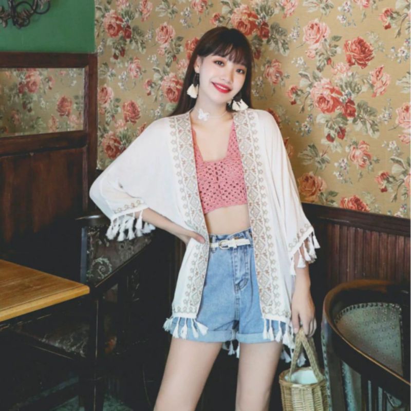 25570 Kostum pakaian Autfit kardigan Auter outer putih hitam lengan panjang modis keren cantik manis