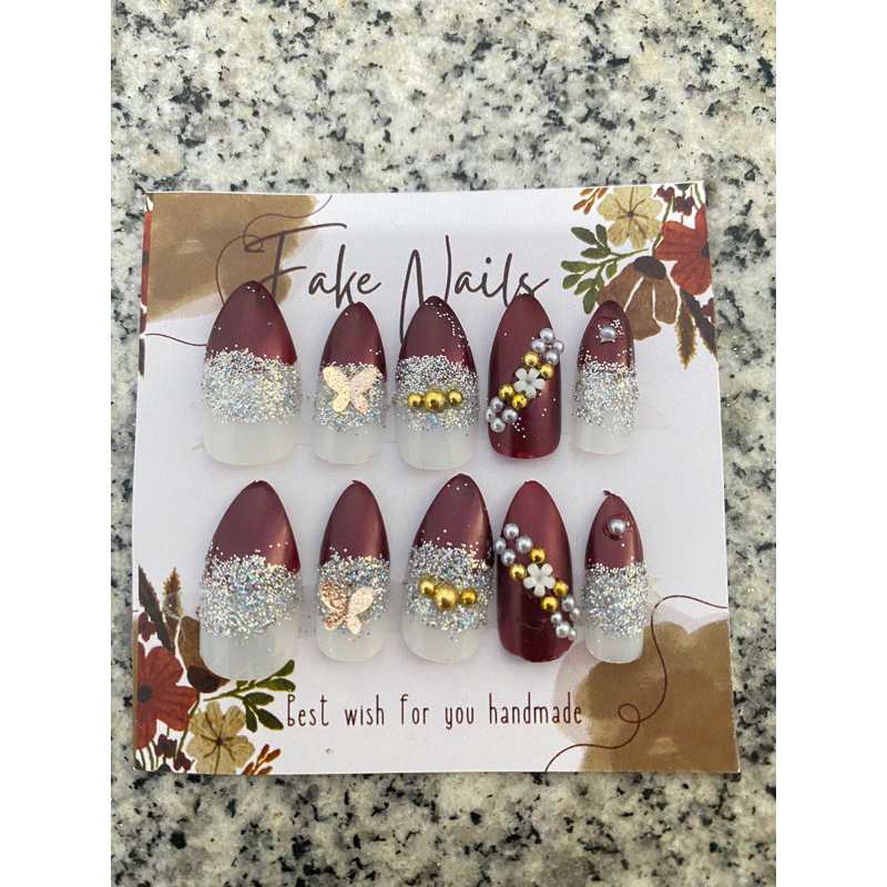 kuku palsu wedding mewah murah blink blink kupu kupu maroon series