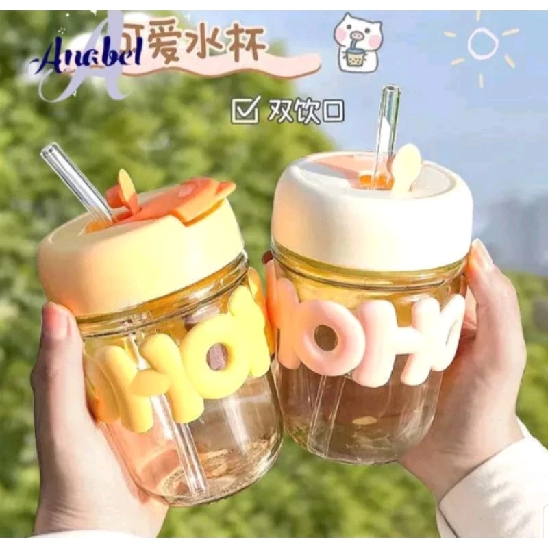 Gelas Tumbler Minum Kaca Transparan Elegan Aesthetic Gorgous Hoho Besar Free Sedotan Multifungsi