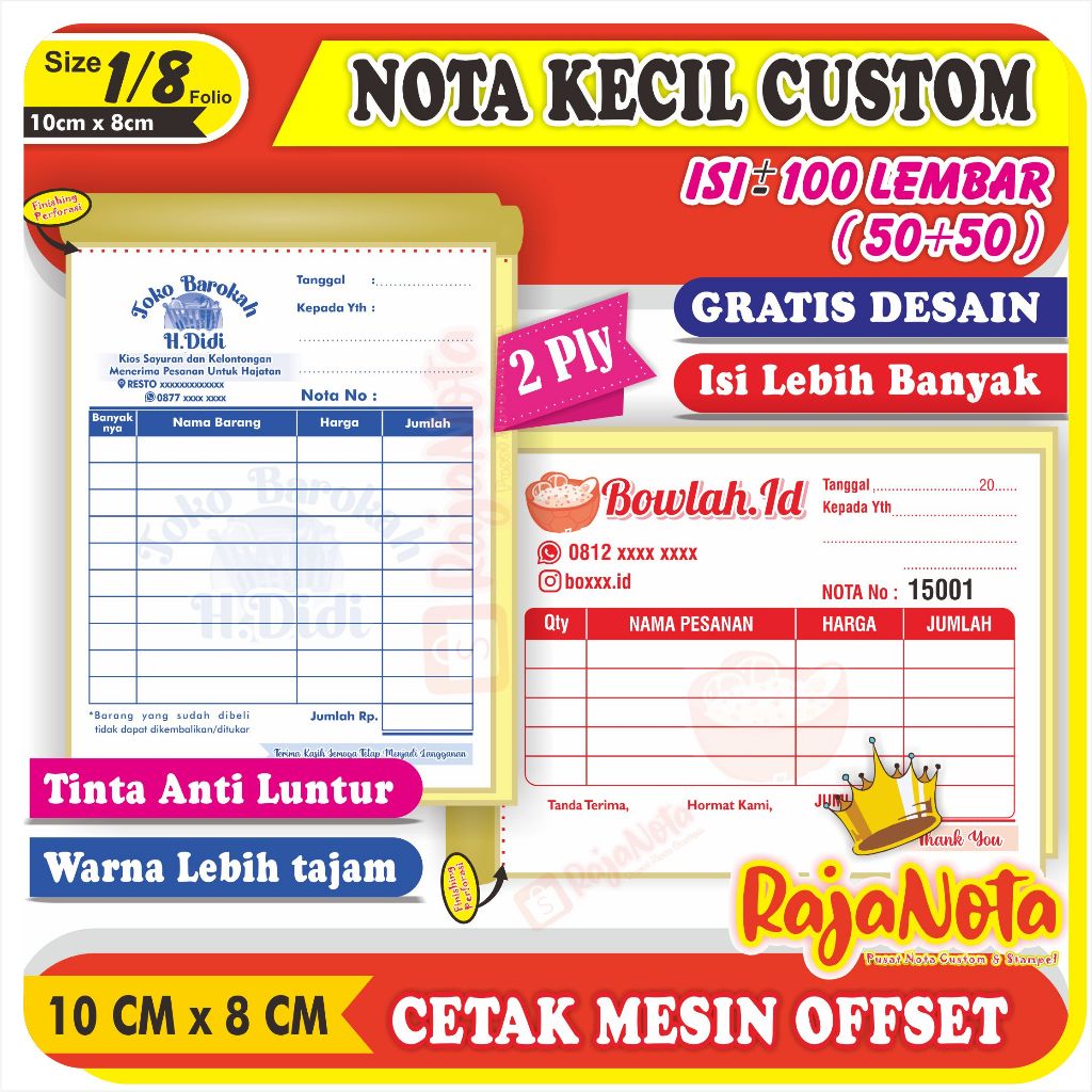 

(GRATIS DESAIN) NOTA 1/8F - 2 Ply / NOTA CUSTOM 1/8 Folio 2 rangkap / Nota Konter HP/ Nota Gas Galon