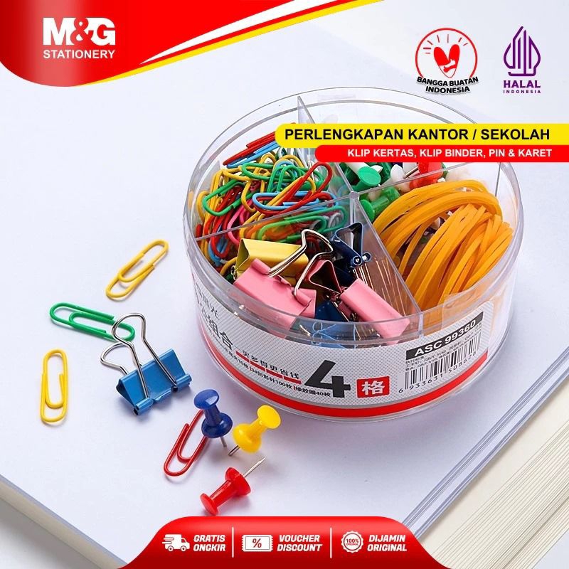 

M&G Perlengkapan Kantor Set Klip / Set Binder Klip Warna Warni (Paku Payung + Binder clip + Paper Clip + Karet Gelang) 4 in 1