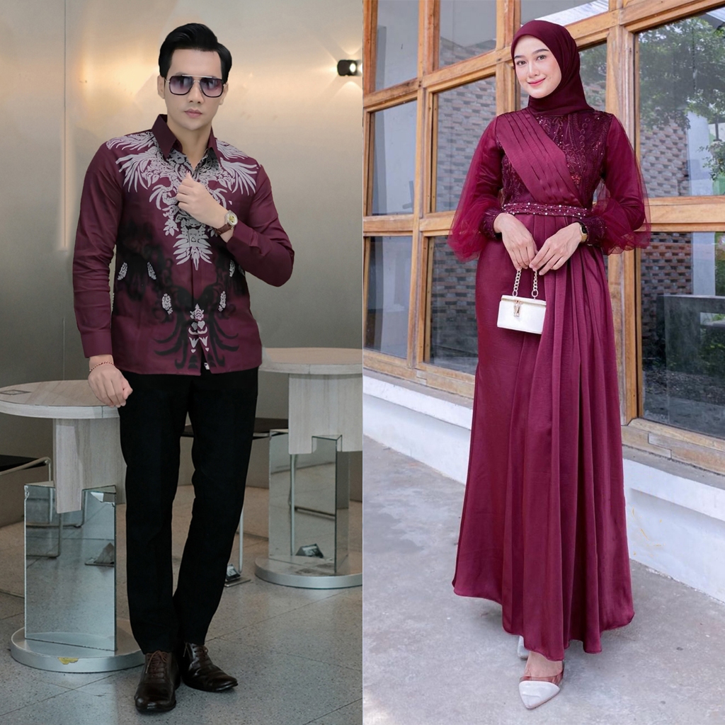 BATIK COUPLE - Gamis Couple Adeeva Dress Kondangan Dan Lebaran Modern Dress Satin Mix Brokat Payet P