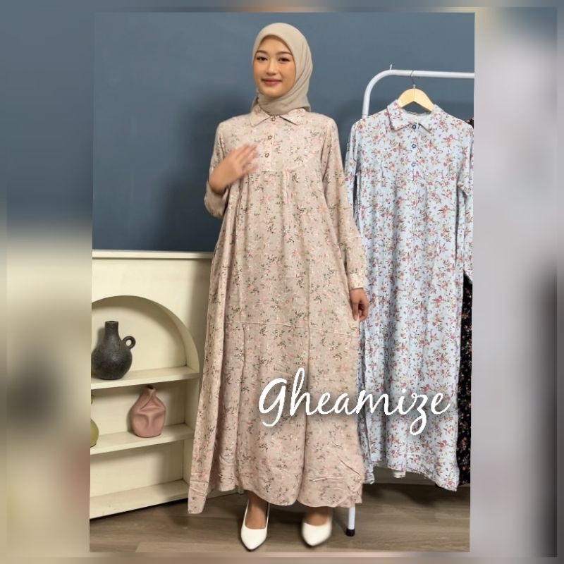 Gamis Rayon premium Busui bunga kerah rebah lengah Kancing Casual  Wanita Panjang