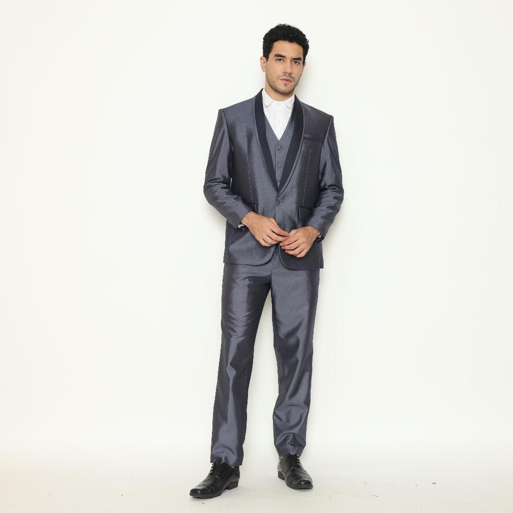 SEWA Full Set Jas Pria Semi Wool  Jas Pengantin Formal Navy Grey - YUNG