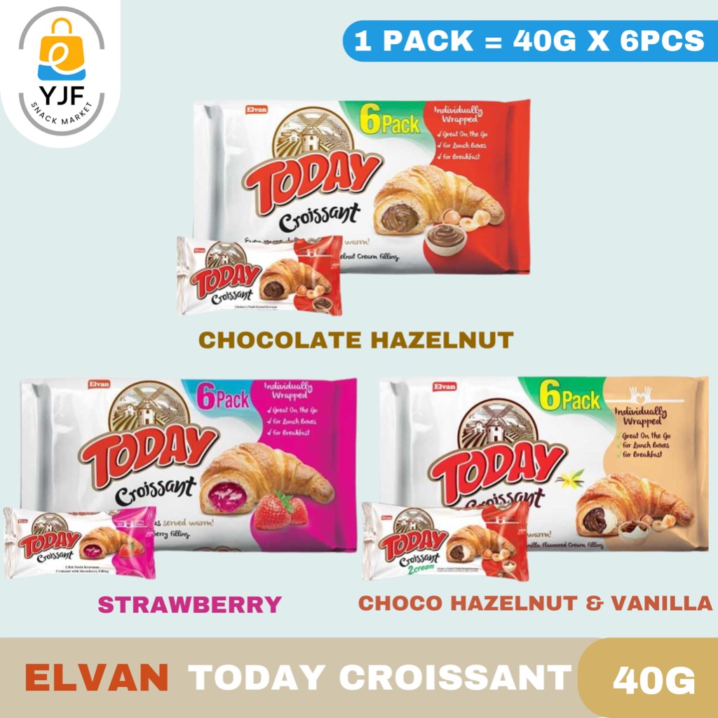 

Elvan Today Croissant Chocolate Hazelnut / Roti Coklat / Roti Hazelnut Cokelat / Choco Hazel & Vanilla / Strawberry / Roti Stroberi Naraya / Roti Impor Turki / 40g x 6 pcs