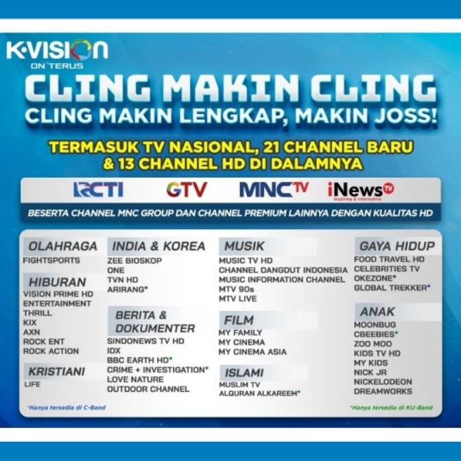 KI3 CLING KHUSUS DEKODER RECEIVER K VISION MNC TRANS GROUP DAN CHANNEL LOKAL BEUNTUK BROMO CARTENZ D