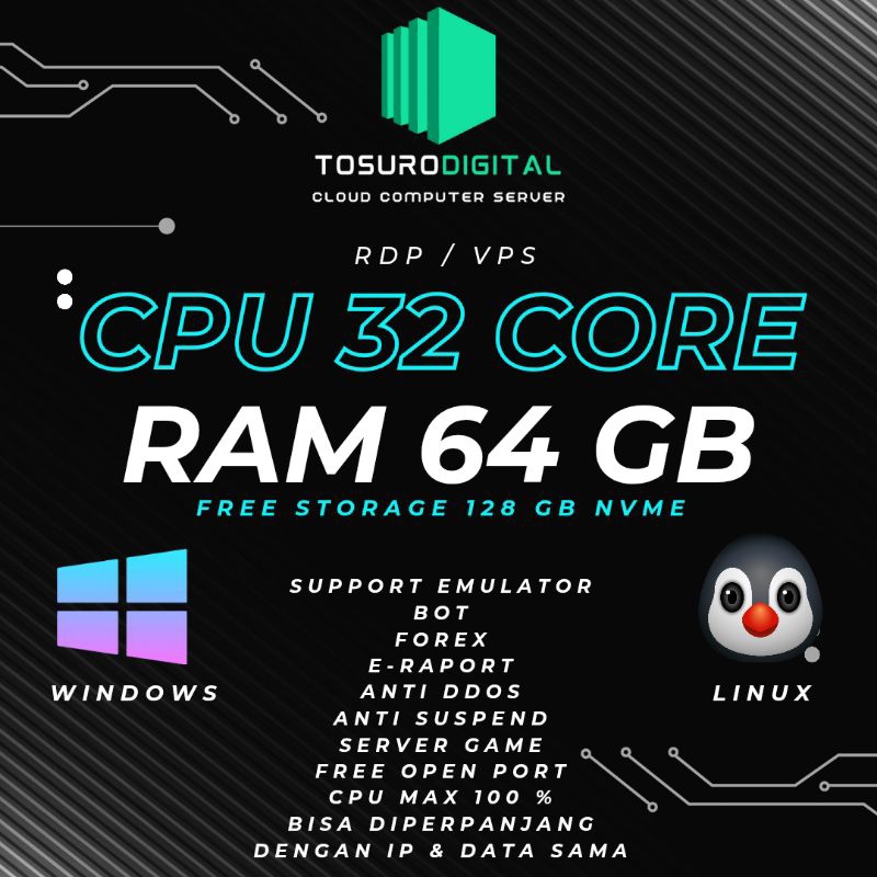 RDP VPS 32 CORE 64 GB RAM CPU 100% ANTI SUSPEND BISA DIPERPANJANG