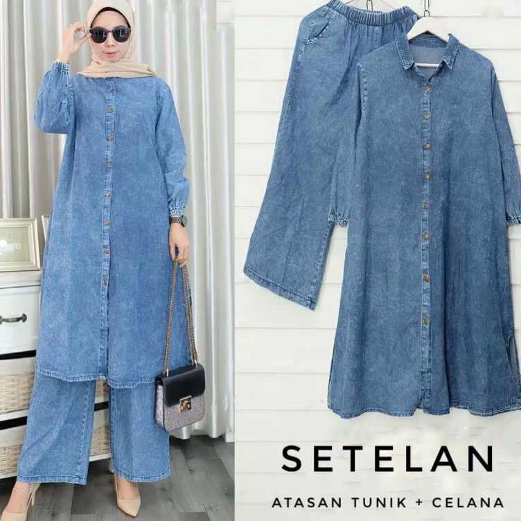 KODE U46R Jammie one set long jeans wanita setelan celana atasan tunik panjang