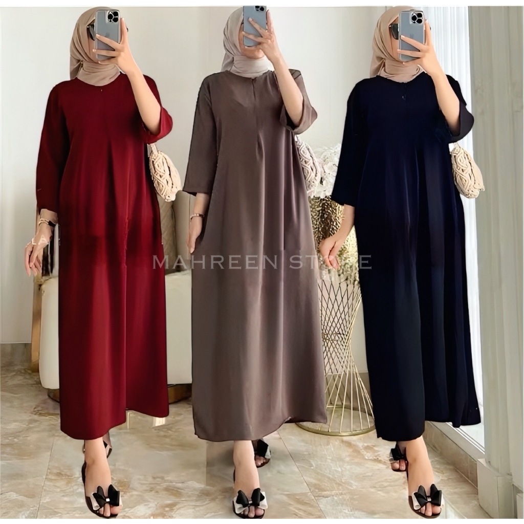 Zea Long dress tangan 3/4 airflow cringkle busui ,daster gamis panjang - Khanza Hijab