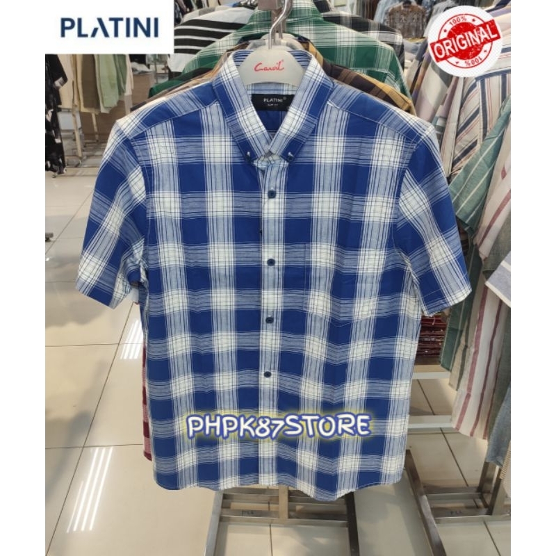 PLATINI kemeja pendek pria kotak-kotak,kemeja pendek salur slimfit