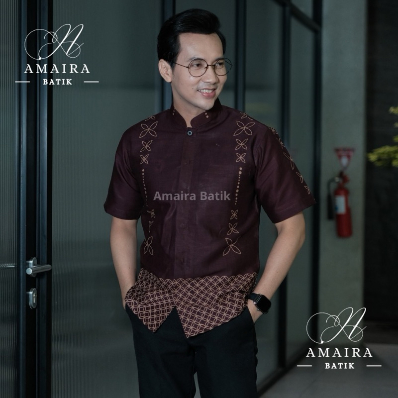Koko Batik PERDANA Burgundy Baju Koko Pria Dewasa Lengan Pendek Batik Muslim Merah Maroon Slimfit Fu